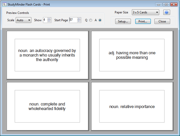 Print Index Cards Print Preview Screen